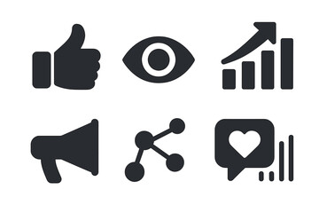 Social media marketing icons. Analytics and metrics symbols. Likes, views, impressions, reach, engagement. Vector glyphs for business promotion and strategy. Data growth.
