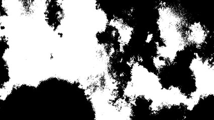 Black and white grunge texture with scattered, grainy patches with ink splatters or sprayed paint on a rough surface. Chaotic, distressed effect, ideal for artistic backgrounds, overlays.
