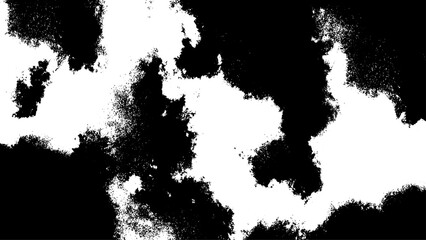 Black and white grunge texture with scattered, grainy patches with ink splatters or sprayed paint on a rough surface. Chaotic, distressed effect, ideal for artistic backgrounds, overlays.
