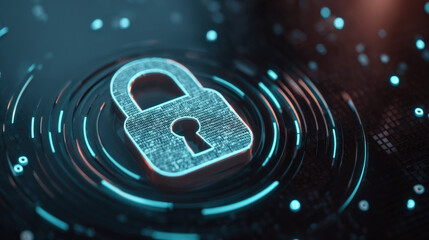 Digital lock with swirling encrypted data streams on dark grid background symbolizing cybersecurity, data privacy, and protection