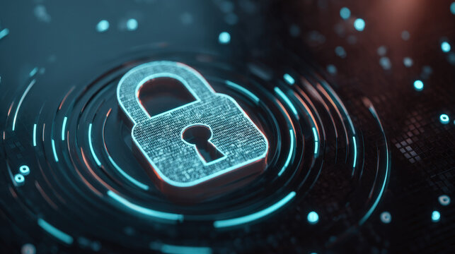 Digital lock with swirling encrypted data streams on dark grid background symbolizing cybersecurity, data privacy, and protection