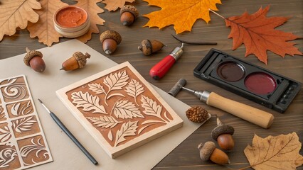 autumnal linocut printmaking tools flatlay
