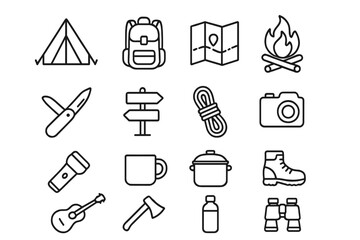 Camping & outdoor adventure line icon set. Hiking, backpacking & travel equipment essentials. Vector outline collection for tourism, trekking & exploration. Camp & forest concept.