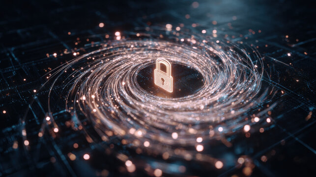 Digital lock with swirling encrypted data streams on dark grid background symbolizing cybersecurity, data privacy, and protection - Powered by Adobe
