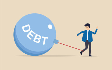 Office Worker with a Big Debt Weight. Financial burden illustration man struggling with heavy weight symbolizing debt and financial struggle. Vector Illustration
