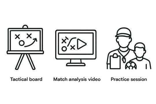 Coaching tools icon set. Sports strategy and training outline icons. Includes tactical board, match analysis video, and practice session with coach and player. Football mentorship.