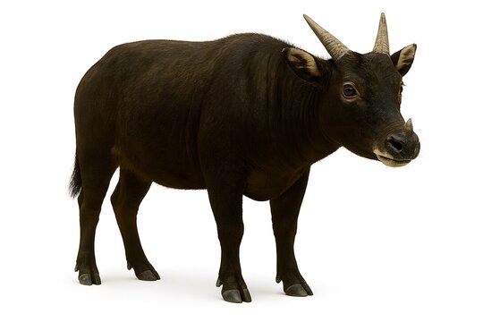 Studio portrait of a rare and endangered wild Anoa, the world's smallest buffalo, standing alert and isolated on a pure white background