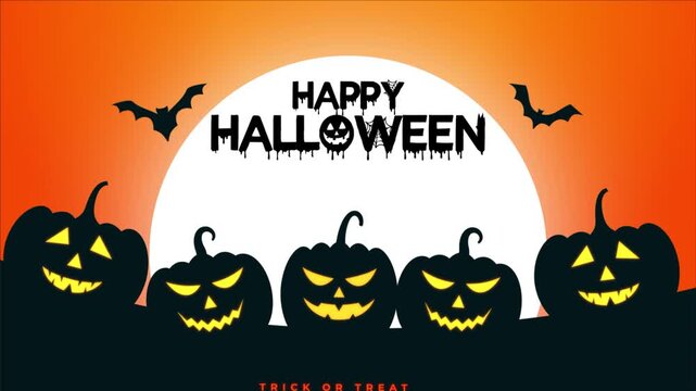 Spooky Night Happy Halloween pumpkins with bats, bright moon, and festive greeting.