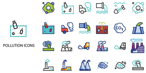 Pollution simple concept 24 color icons set .Vector illustration.