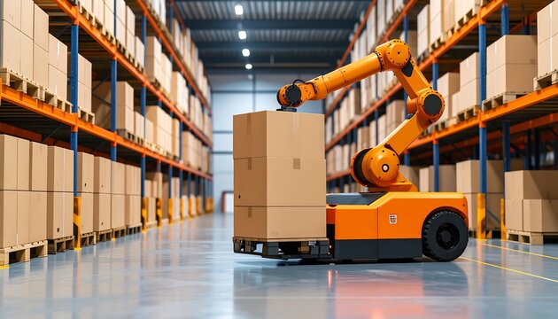 Automated warehouse with robotic arm moving boxes - Powered by Adobe