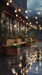 Obraz premium Evening Outdoor Restaurant With Wooden Tables, Warm Lighting, and Wet Pavement in City Environment