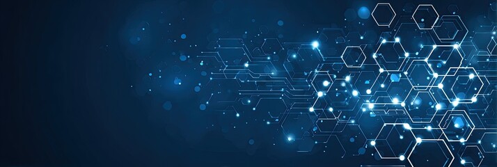 Abstract digital network graphic with glowing hexagons and connecting lines on a dark blue background