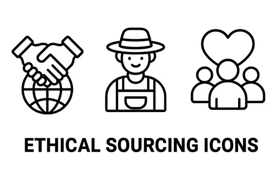 Ethical sourcing outline icon set. Concepts for fair trade, global partnership, and responsible supply chain. Vector icons for local farmer, agriculture, and community support.