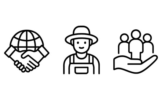 Fair trade and ethical sourcing vector icon set. Outline icons for sustainable agriculture, local farmer support, global partnership, and community social responsibility.