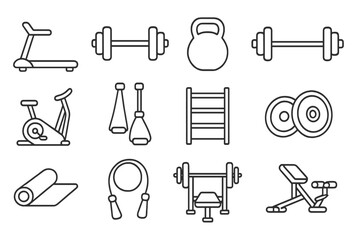 Fitness equipment outline icon set. Gym workout tools linear collection. Vector icons of treadmill, dumbbell, kettlebell, bike, barbell, jump rope, mat. Sport and exercise symbols.