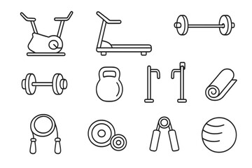 Fitness equipment outline icon set. Gym workout tools linear collection. Vector symbols: exercise bike, treadmill, barbell, dumbbell, kettlebell, push-up bars, yoga mat.