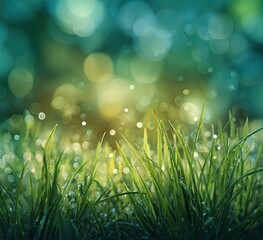 Lush green grass with dew drops, bokeh background