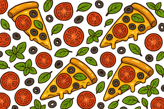 Seamless pizza pattern with tomato, basil, and olive. Vector cartoon illustration for pizzeria menu or fast food background. Italian cuisine graphic with fresh ingredients.