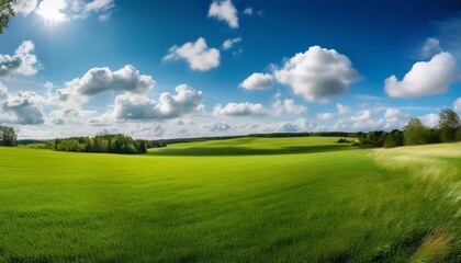 Obraz premium expansive green field under a bright blue sky with fluffy white clouds creating a serene and tranquil landscape perfect for relaxation and outdoor activities