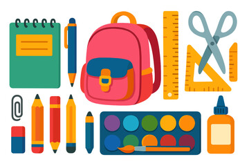 Set of colorful school supplies. Back to school concept. Education items collection. Backpack, notebook, pencil, ruler, scissors, paints, glue. Flat vector cartoon illustration.