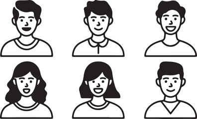 Smiling male and female faces with unique hairstyles.