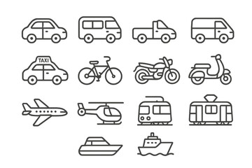 Transport icons set line style. Car, bus, ship, airplane vehicle collection. Outline pictogram for logistics, travel, delivery, traffic. Simple transportation web symbols vector.