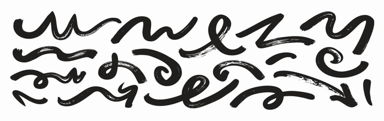 Hand-drawn black ink brush strokes, abstract design elements