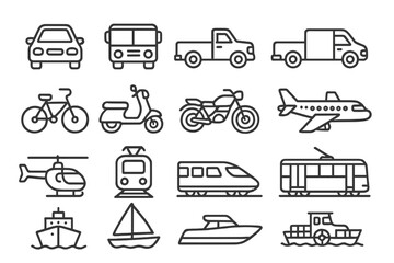 Transportation line icon set. Car, truck, bus, bike, plane, train, boat vehicle symbols. Public & private transport collection for web & mobile. Vector pictogram outline style.