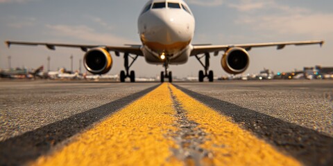 Airplane on a runway, focused on yellow taxiway lines