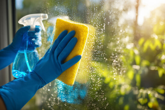 Cleaning window glass with spray and cloth, wearing blue gloves, sunny outdoor view