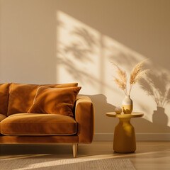 Cozy living room interior with orange sofa, side table and pampas grass in vase.