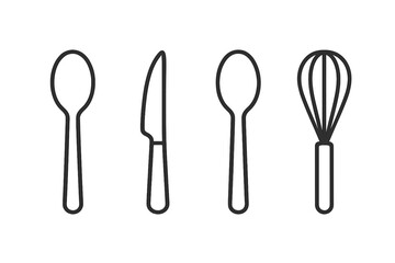Kitchen tool line icon set. Spoon, knife, whisk outline icons. Cooking utensil collection for culinary design. Vector cutlery, silverware illustration. Simple flat cookware symbols.