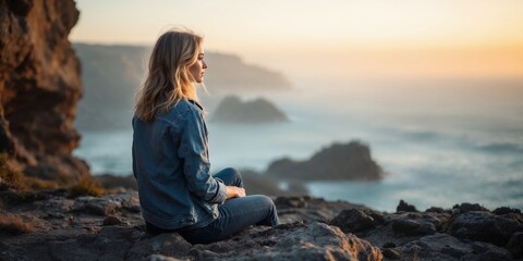 Contemplative blonde woman in denim sitting on cliff, gazing at ocean horizon in foggy morning mist