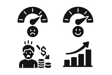 Market sentiment icons. Fear and greed meter for stock market psychology. Investor emotion concept with panic sell, bull market rally, and bear market fear gauge vector icons.