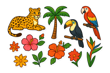 Fototapeta premium Tropical wildlife sticker set with leopard, toucan, parrot, and palm tree. Cartoon vector illustration of exotic jungle animals and hibiscus flowers. Cute safari nature icons.
