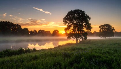 A tranquil sunrise paints the meadow by a misty river, showcasing a serene and peaceful natural landscape.