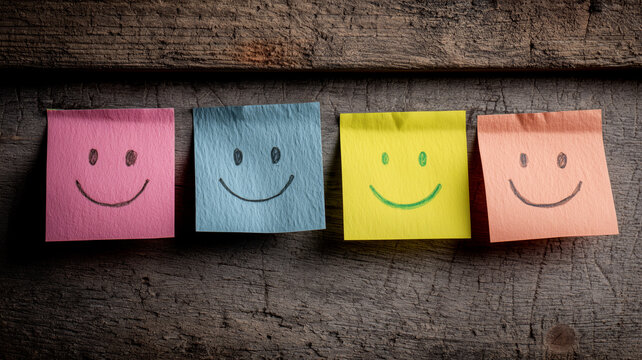 Positive emotions with colorful sticky notes on wooden table home office photography indoor close-up