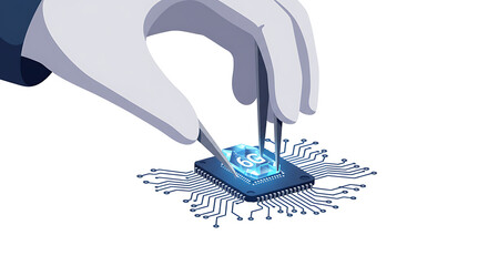 6G Technology Microchip Installation Vector: Hand with Tweezers Placing Future Network Processor on Circuit Board Illustration