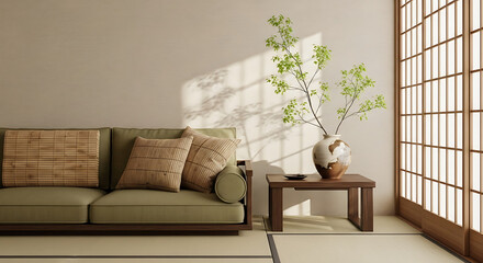 Japanese-style minimalist living room interior with green sofa and wooden elements.