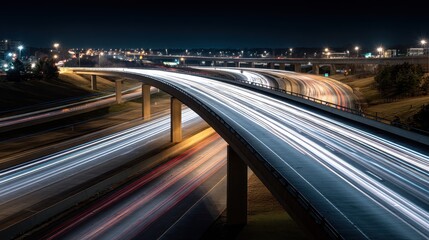 Night highway interchange, city lights blurred, transport, long exposure