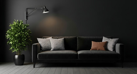 Modern minimalist living room with a dark gray sofa, decorative pillows, a green houseplant, and a black wall lamp against a dark background.