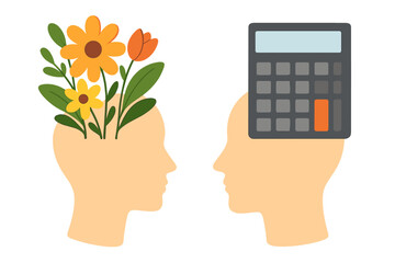 Contrast between creative and logical mind. Left and right brain concept with flowers and calculator. Psychology, emotion vs logic. Vector illustration flat design.