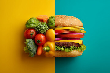 Split-screen composition of healthy vegetables and fruits versus junk food for diet and healthy lifestyle articles