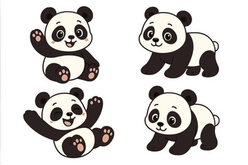 Cute panda character set. Adorable cartoon baby bear illustrations in playful poses. Vector collection of a happy, waving, sitting, and walking animal for kids and wildlife lovers.