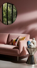 A plush pink sofa with decorative pillows sits beside a metallic side table holding vases, under a circular mirror reflecting greenery.