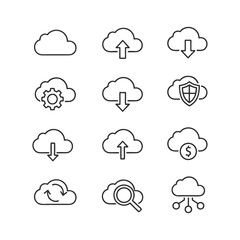 Fototapeta premium Cloud Computing Line Icons Set for Data Storage, Network, Security, Upload, and Download