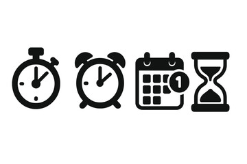 Time management icons solid filled vector set with stopwatch, alarm clock, calendar reminder, hourglass, productivity tools, deadline, schedule, time tracking illustration