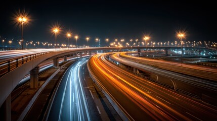 Night highway interchange, city traffic flow, illuminated, urban transport