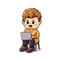 cute illustration of a man working while sitting on a laptop