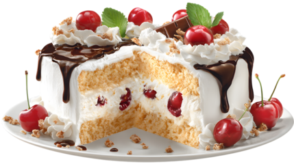 Indulge in Decadence A Slice of Black Forest Cake with Cherries, Cream, and Chocolate Drizzle on a White Plate